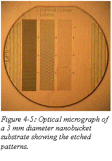 Text Box:  
Figure 4-5: Optical micrograph of a 3 mm diameter nanobucket substrate showing the etched patterns.
